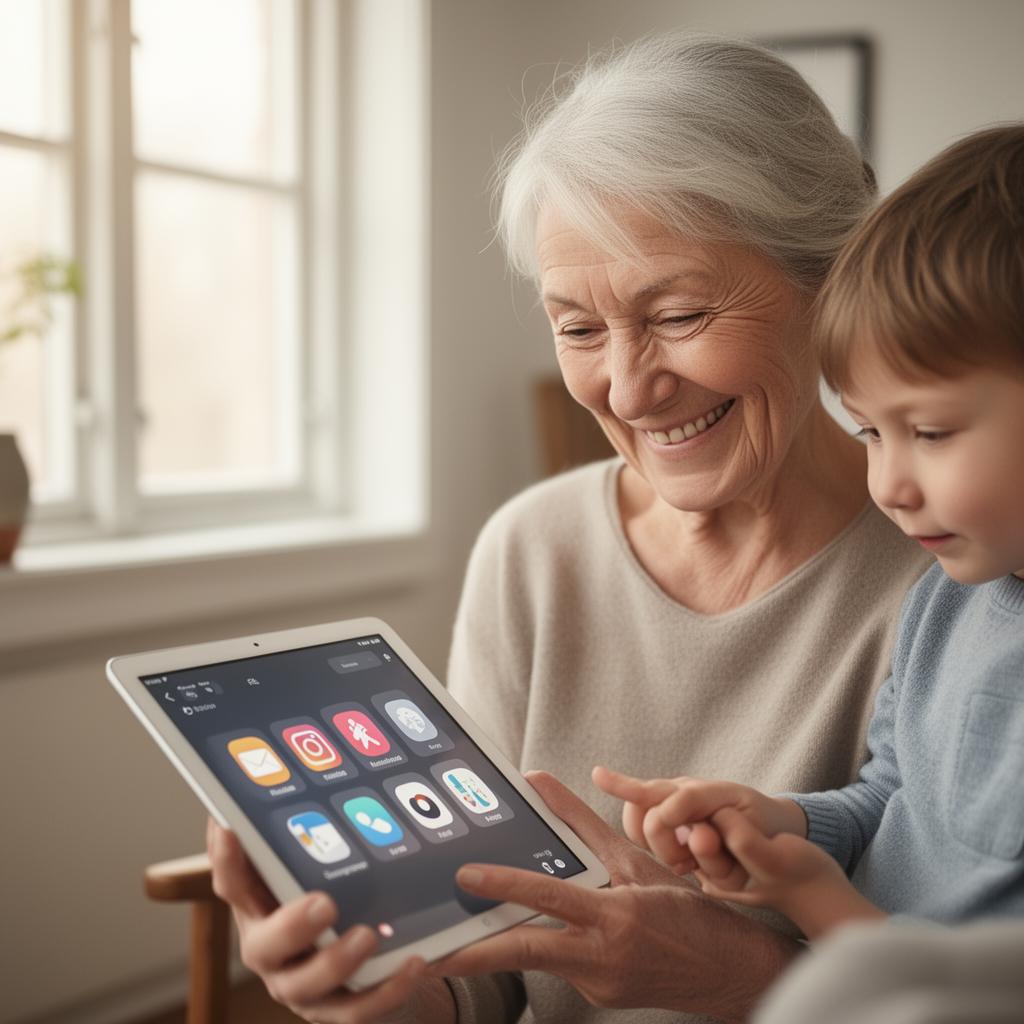 Mormor och barnbarn med surfplatta